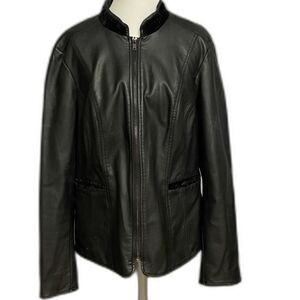 Alfani Black Faux Leather Jacket Women’s L Zip Front Velvet Trim Moto Style
